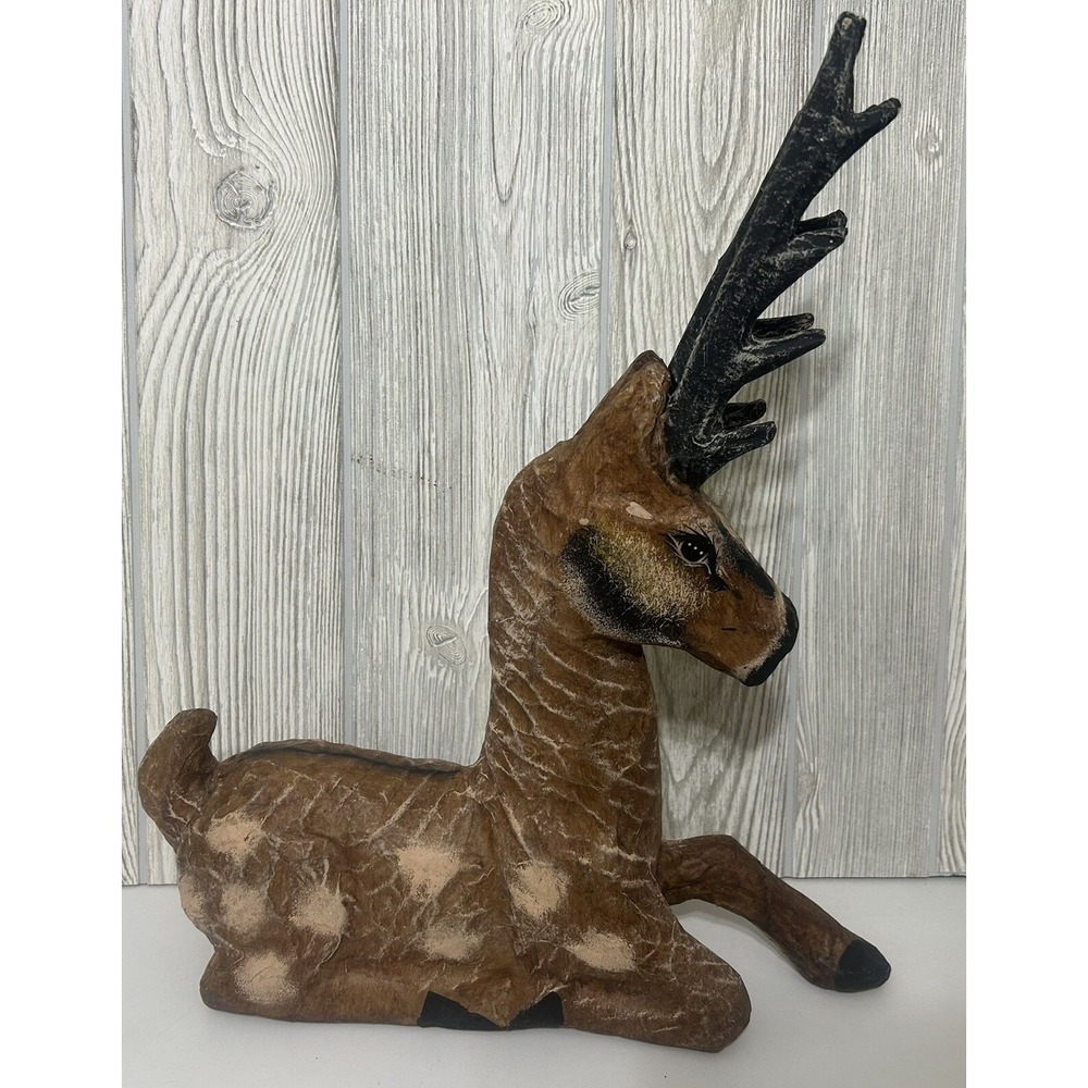 Vintage Holiday Paper Mache Sitting Brown Reindeer Deer Table Decor 16" X 12"